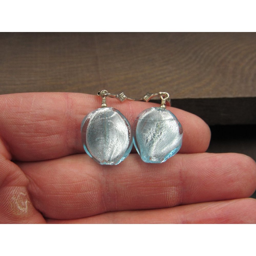 Sterling Silver Blue Silver Glass Dangle Earrings
